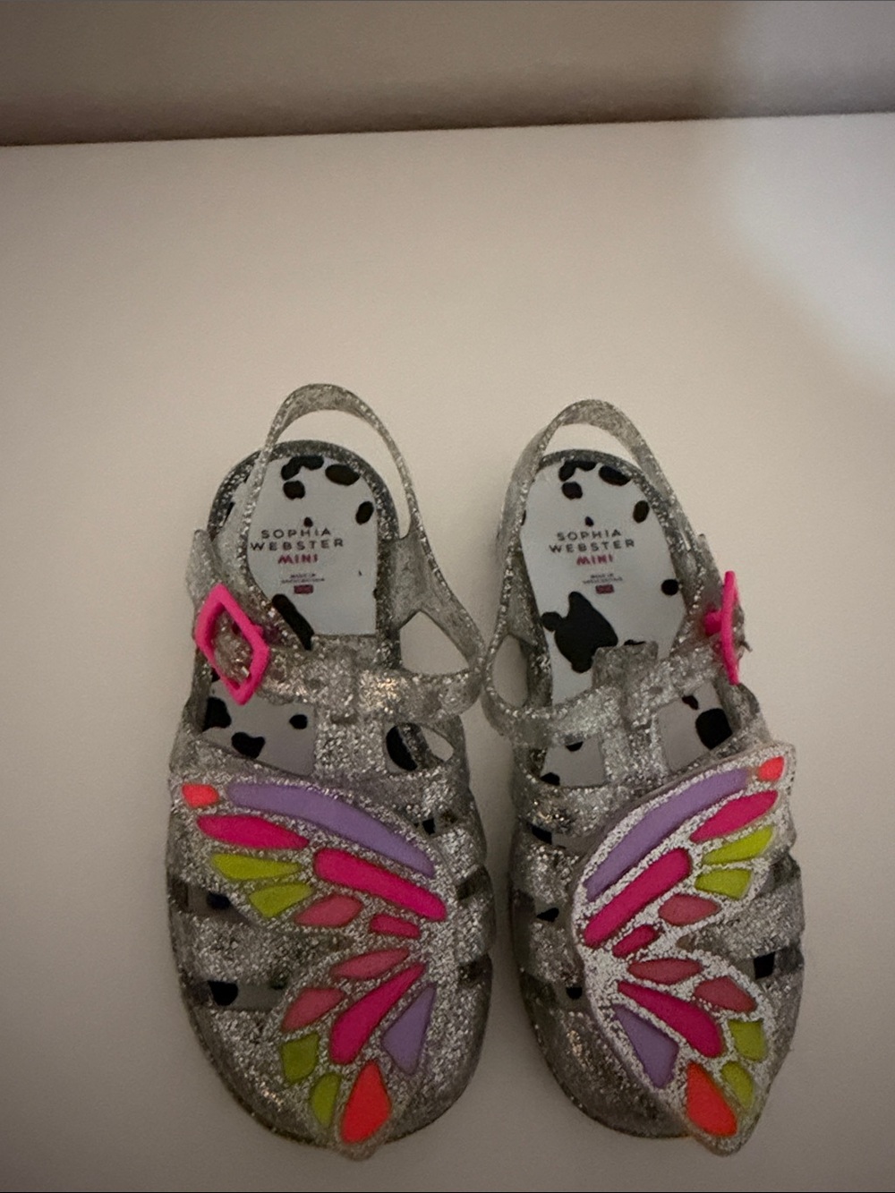 Sophia Webster Mini Silver Glitter Butterfly Jelly Sandals with Neon Accents
